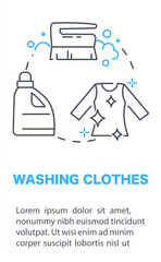 Washing clothes banner. Cleaning agent, brush and sliders. Cleanliness and hygiene, routine and household chores. Concept of laundry. Template, layout and mock up. Flat vector illustration