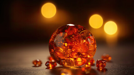 Drops of amber on a black background with glimmers of light inside. Beauty of nature, mesmerizing play of light. Ideal for concepts such as luxury, jewelry. Illustration created with Generative AI.