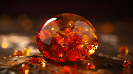 Drops of amber on a black background with glimmers of light inside. Beauty of nature, mesmerizing play of light. Ideal for concepts such as luxury, jewelry. Illustration created with Generative AI.