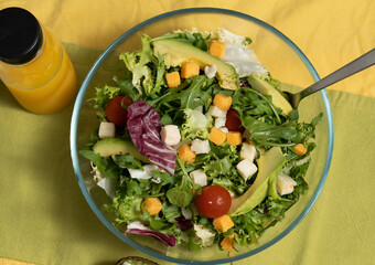 top view of full salad, which is in the table