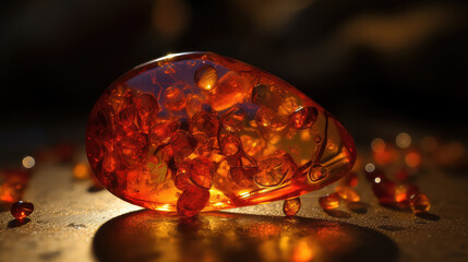 Drops of amber on a black background with glimmers of light inside. Beauty of nature, mesmerizing play of light. Ideal for concepts such as luxury, jewelry. Illustration created with Generative AI.