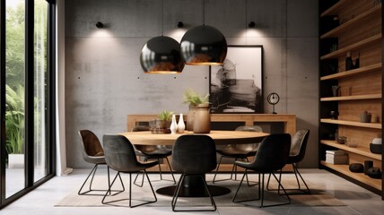 Interior design inspiration of Industrial Modern style home dining room loveliness decorated with Metal and Leather material and Concrete Pendant Lights .Generative AI home interior design .