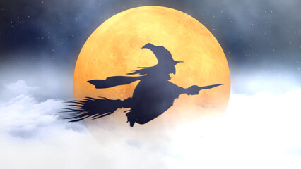 Witch Silhouette Flying Broom Past Orange Moon features the silhouette of a witch flying on her broom in front of an orange full moon with clouds.