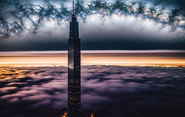 Fototapeta premium Skyscraper on the Milky Way background. Generative AI.