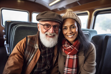 A man and a woman sitting on a bus