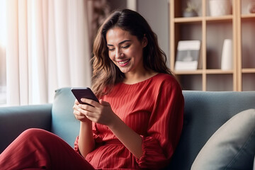 A woman sitting on a couch looking at her phone