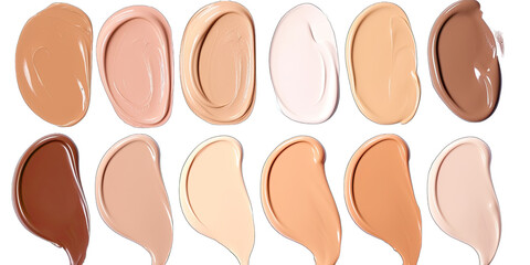 Fototapeta premium Foundation face make up samples. Set of cosmetic liquid foundation in different colour. Cream texture isolated on transparent background. Realistic skincare make up swatch.