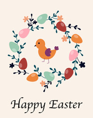 Happy Easter poster. Bird in circle of colorful eggs and branches. Traditional spring religious holidays. Design element for greeting postcard. Cartoon flat vector illustration