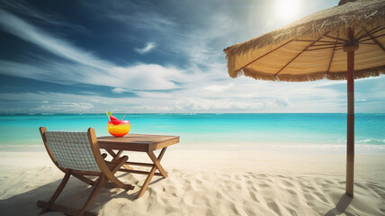 Wooden deck lounge chair on ocean sea sandy beach with umbrella and cocktail on table. Travel tourism landscape background concept. generative ai