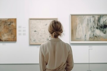Young woman looks at paintings in a museum. Woman at art gallery - obrazy, fototapety, plakaty
