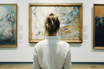 Young woman looks at paintings in a museum. Woman at art gallery - obrazy, fototapety, plakaty
