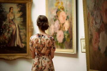 Young woman looks at paintings in a museum. Stylish woman at art gallery