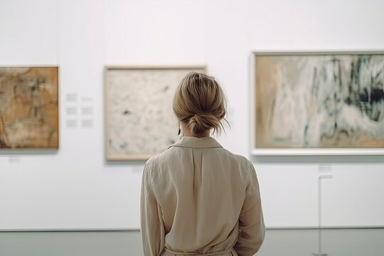 Young woman looks at paintings in a museum. Woman at art gallery