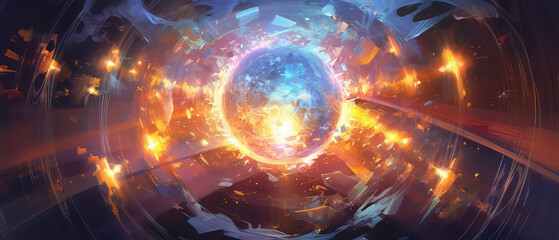 Interior of a nuclear reactor, showing the immense power of atomic energy. Light atoms and atomic particles, at the cosmic core of the universe. The Big Bang. Illustration created with Generative AI.