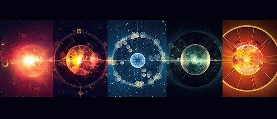 Interior of a nuclear reactor, showing the immense power of atomic energy. Light atoms and atomic particles, at the cosmic core of the universe. The Big Bang. Illustration created with Generative AI.