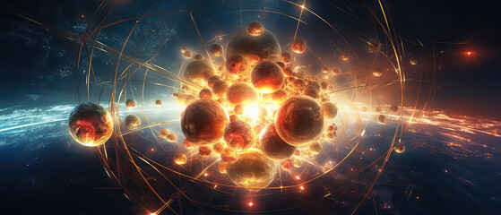 Interior of a nuclear reactor, showing the immense power of atomic energy. Light atoms and atomic particles, at the cosmic core of the universe. The Big Bang. Illustration created with Generative AI.