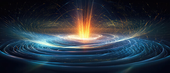 Interior of a nuclear reactor, showing the immense power of atomic energy. Light atoms and atomic particles, at the cosmic core of the universe. The Big Bang. Illustration created with Generative AI.