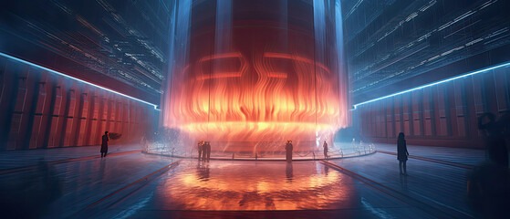 Interior of a nuclear reactor, showing the immense power of atomic energy. Light atoms and atomic particles, at the cosmic core of the universe. The Big Bang. Illustration created with Generative AI.