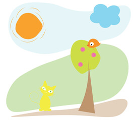 vector design with cartoon cat, tree, bird, sun and cloud on white background