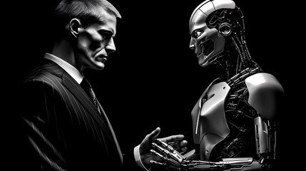 Fototapeta na wymiar AI Robot Joins Hands with Gang Boss, Black Market Businessman. Generative AI.