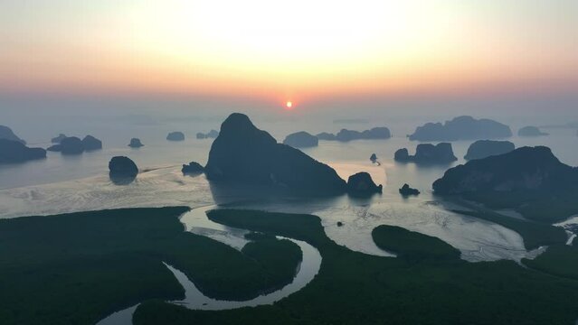 Aerial view of Phang Nga Bay in the early morning and sunrise.
