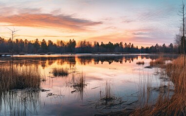 Plakat Beautiful panorama shot of a sunset over a lake casting colorful reflections on the still water. Generative AI illustration.