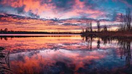 Fototapeta na wymiar Beautiful panorama shot of a sunset over a lake casting colorful reflections on the still water. Generative AI illustration.