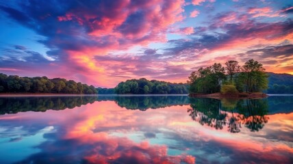 Beautiful panorama shot of a sunset over a lake casting colorful reflections on the still water. Generative AI illustration.