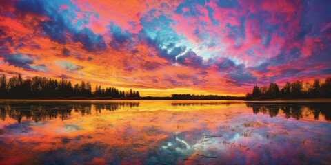 Fototapeta na wymiar Beautiful panorama shot of a sunset over a lake casting colorful reflections on the still water. Generative AI illustration.