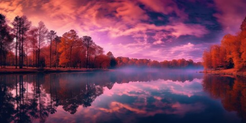 Beautiful panorama shot of a sunset over a lake casting colorful reflections on the still water. Generative AI illustration.
