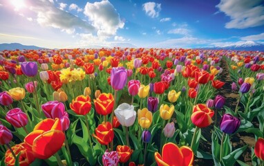 Beautiful flowers in a colorful tulips field. Generative AI illustration.