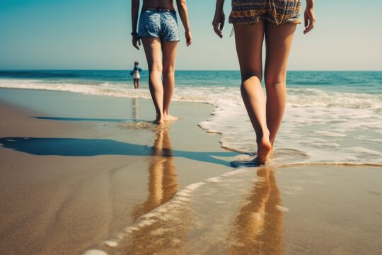 Women's legs on the beach near the sea. Travel concept. AI generated, human enhanced