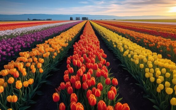 Colorful rows of beautiful tulips flowers in the Netherlands. Generative AI illustration.