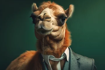 Foto op Plexiglas Anthropomorphic camel dressed in a suit like a businessman. business concept. AI generated, human enhanced © top images