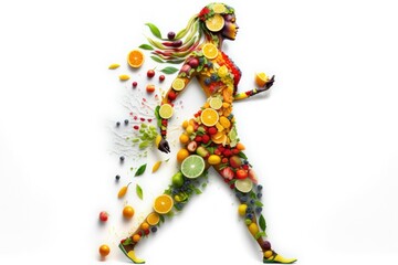 Fruit woman silhouette. Fresh fruits are laid out in the shape of a person. AI generated, human enhanced.