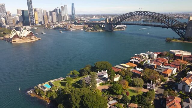 Aerial drone view of Sydney City and Sydney Harbour, NSW Australia looking over Kirribilli on a sunny morning 