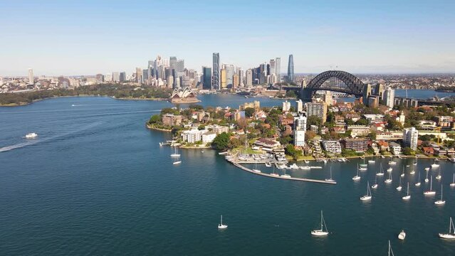 Aerial drone view of Sydney City and Sydney Harbour, NSW Australia looking over Kirribilli on a sunny morning 