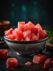Slices of watermelon on a plate. Red watermelon cubes in a dark bowl on the black background. Fresh, healthy watermelon on the grey plate on the table. vertical. Generative AI