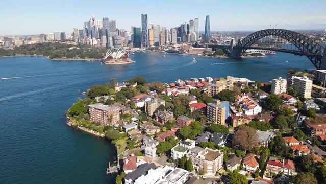 Aerial drone view of Sydney City and Sydney Harbour, NSW Australia looking over Kirribilli on a sunny morning 
