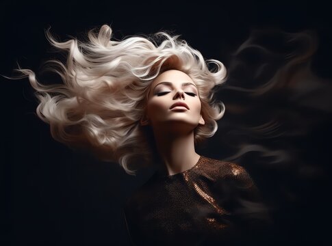 Fashionable image. Woman with hair in motion