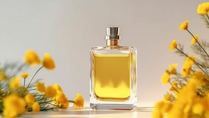 Transparent bottle of perfume with label on white background. concept in natural materials with yellow field flowers. Women's and men's essence generative ai variation 1