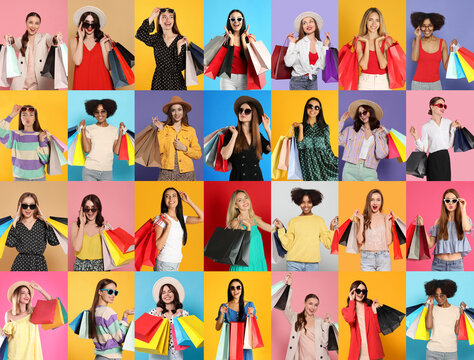 Collage with photos of women holding shopping bags on different color backgrounds