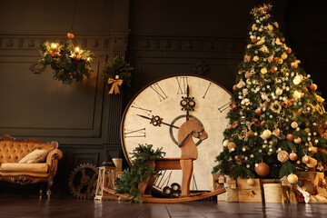 Stylish room interior with Christmas tree, big vintage clock and festive decor