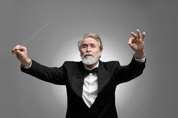 Professional conductor with baton on grey background