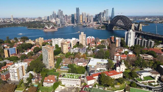 Aerial drone view of Sydney City and Sydney Harbour, NSW Australia looking over Kirribilli on a sunny morning 