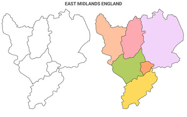 East Midlands England Administrative Map Set - blank counties or boroughs outline