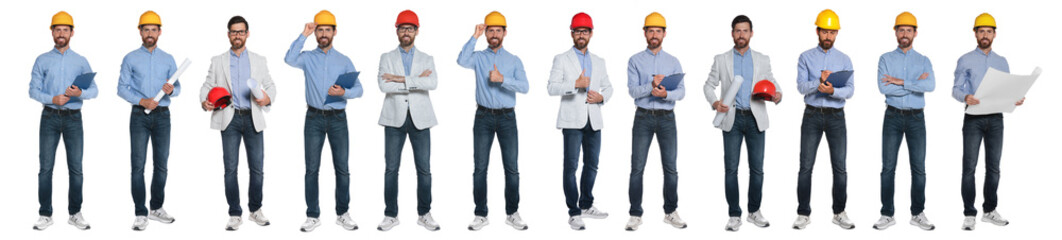 Photos of engineer on white background, collage design