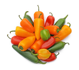 Different hot chili peppers isolated on white, top view