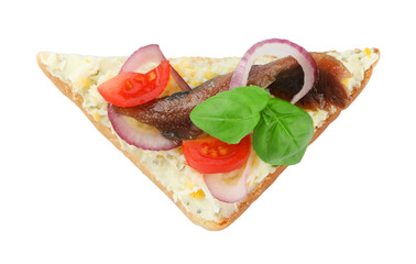 Delicious sandwich with anchovy, tomato and basil on white background, top view
