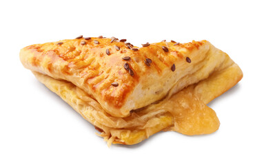 Fresh delicious puff pastry with cheese on white background